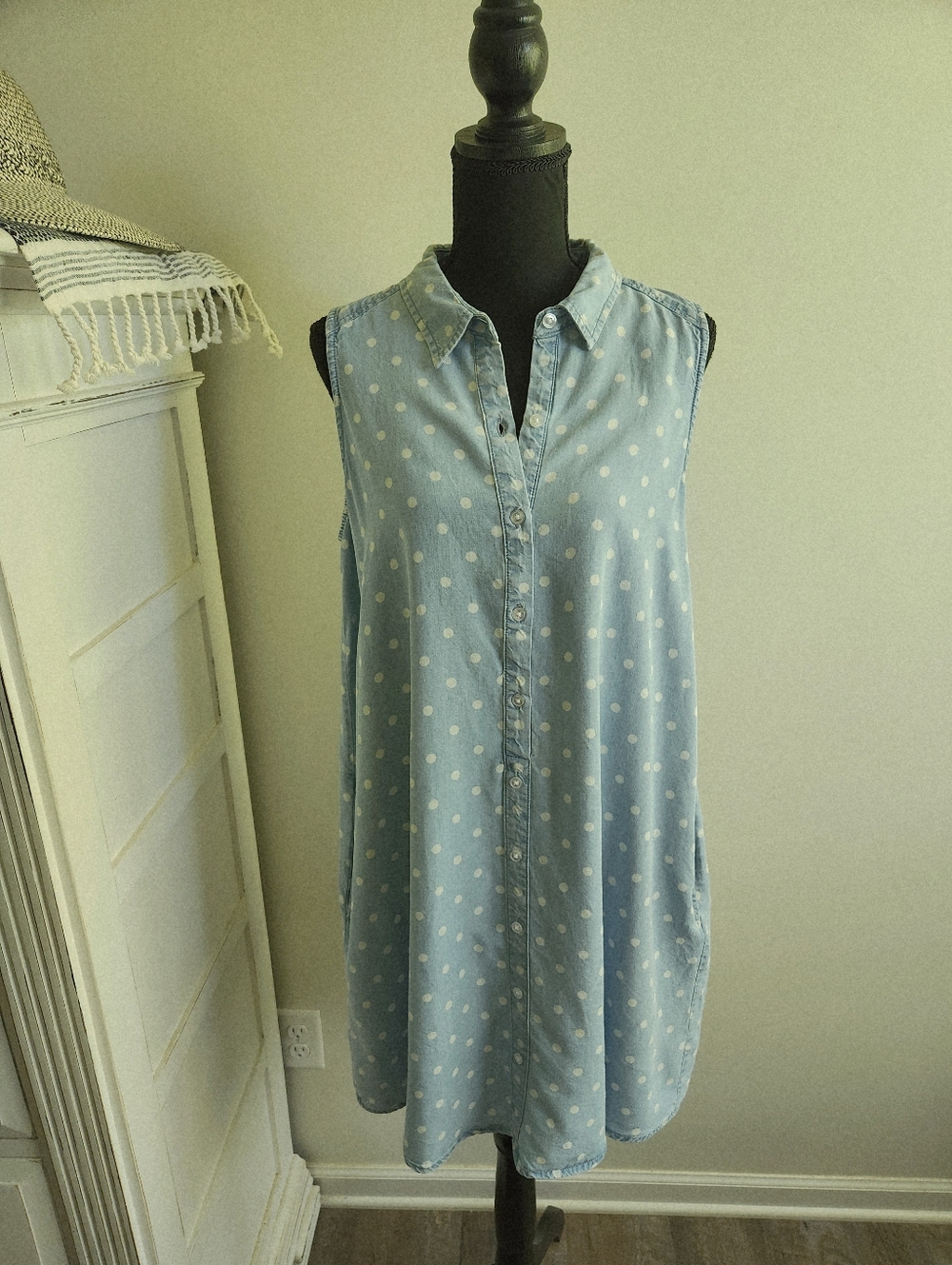 CATO SLEEVELESS POLKA-DOT SHIRT DRESS W/POCKETS